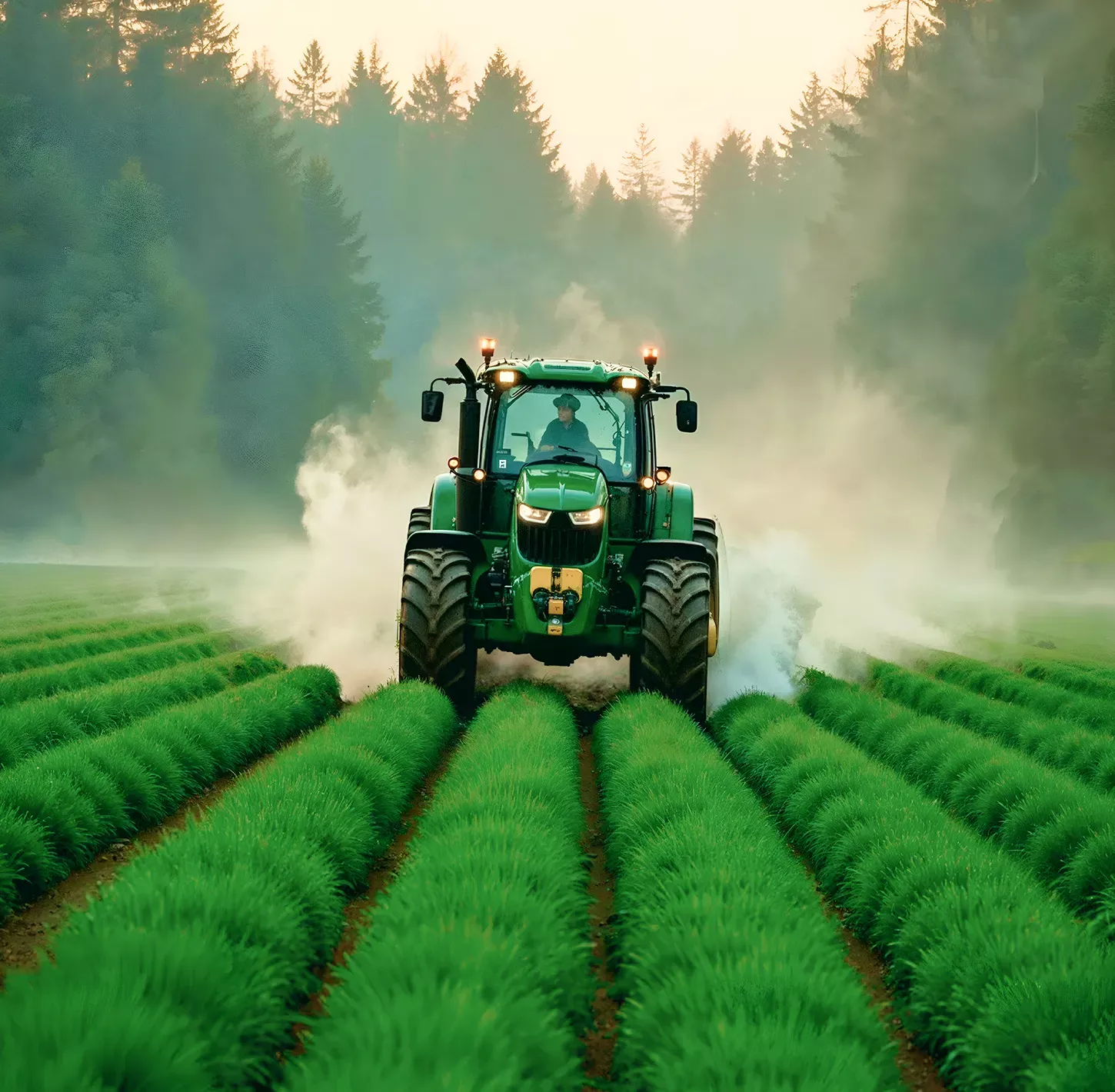 Tracteur traitant des rangs de culture, campagne #goodgrowthplan